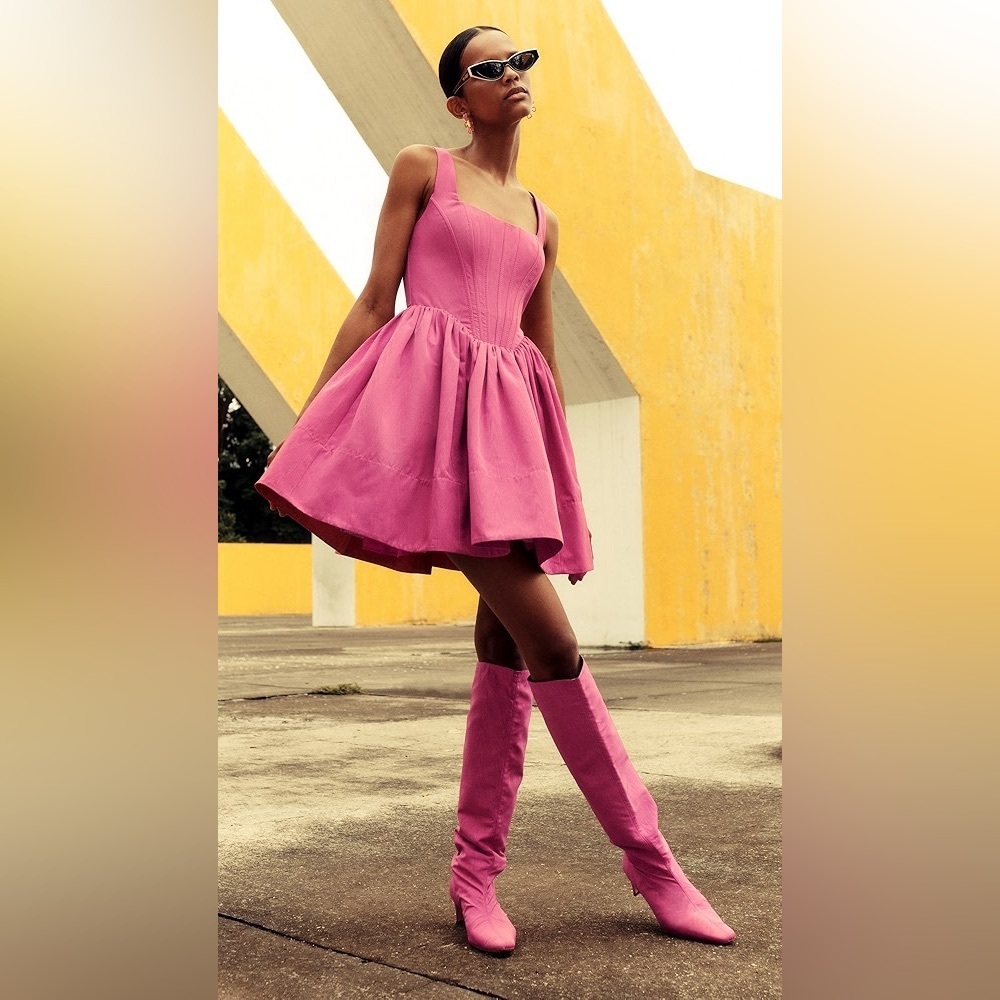STAUD Landscape Dress Vibrant Pink Flare Dress Sz 0 NWT 395$ - Picture 4 of 10
